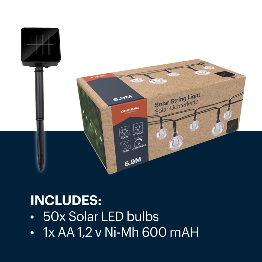 Grundig - LED Соларна верига 50xLED/8 функции 6,9m топло бяло