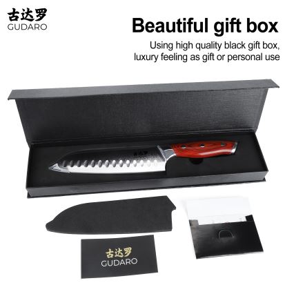 Gudaro - Дамасков Santoku кухненски нож KENSHO 7, изработен от 67 слоя стомана, дължина 17,5 см