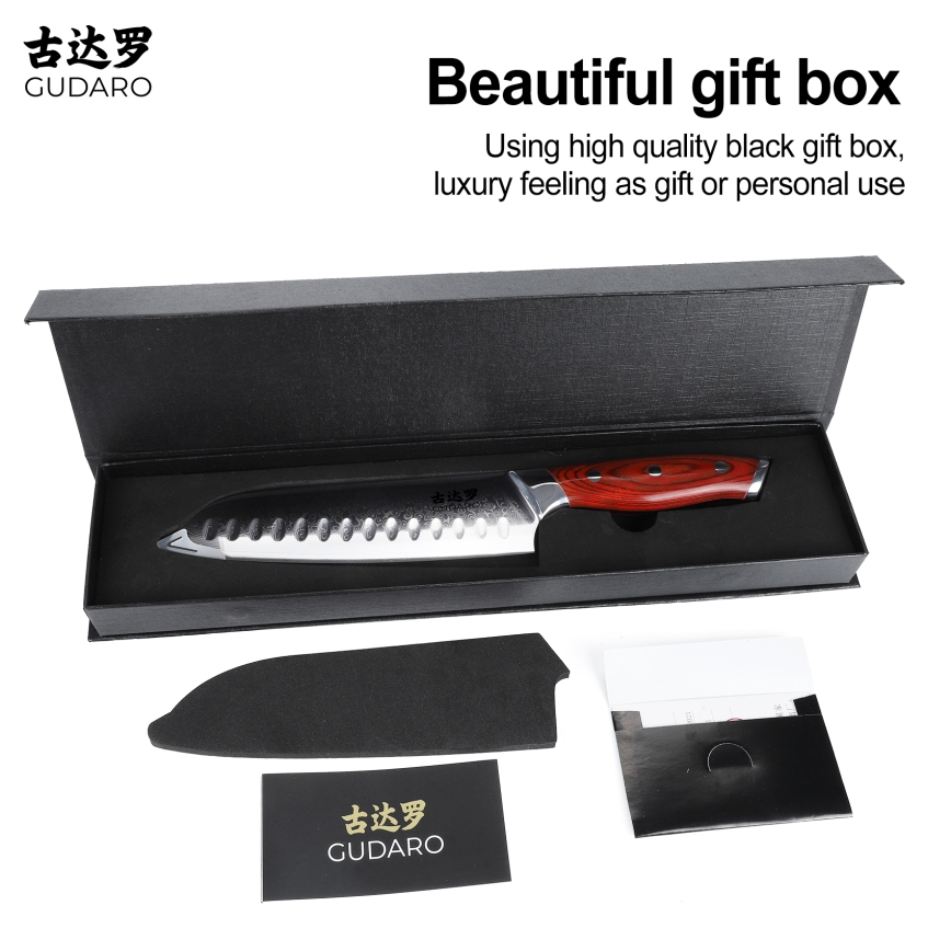 Gudaro - Дамасков Santoku кухненски нож KENSHO 7, изработен от 67 слоя стомана, дължина 17,5 см