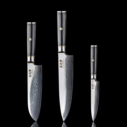 Gudaro - Комплект (3 бр.) дамаскови кухненски ножове AKIRO + магнитен държач