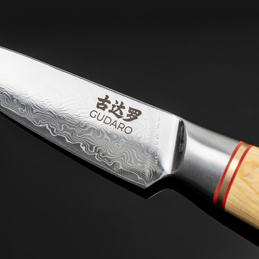 Gudaro - Комплект от 5 дамаскови кухненски ножа HIKARI + поставка за ножове и ножици за птиче месо