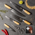 Gudaro - Комплект от 5 дамаскови кухненски ножа HIKARI + поставка за ножове и ножици за птиче месо