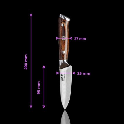 Gudaro - КОМПЛЕКТ 1x дамаскинов шеф-нож FENG 8, 67 слоя стомана, дължина 20 cm + 1x дамаскинов Santoku кухненски нож FENG 7,5, 67 слоя стомана, дължина 18 cm + 1x БЕЗПЛАТНО дамаскинов кухненски нож FENG 3,5, 67 слоя стомана, дължина 9,5 cm