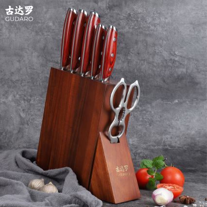 Gudaro - Комплект кухненски ножове в блок KENSHO, 7 бр., акация