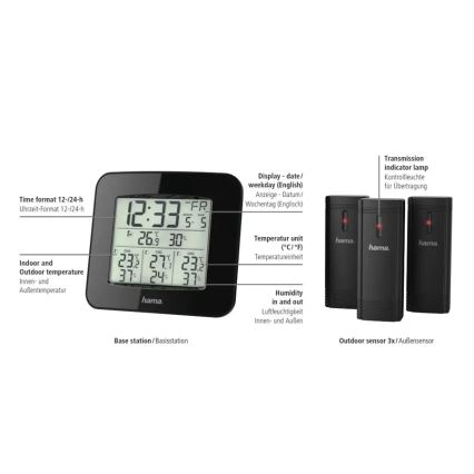 Hama - Метеорологична станция с LCD дисплей и будилник 3xAAA + 3бр. сензора 2xAA