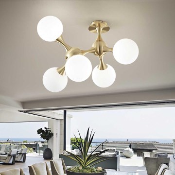 Ideal Lux - Плафонен полилей NODI 5xE14/28W/230V 50x55 cm месинг/бял