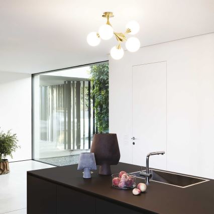 Ideal Lux - Полилей тип плафон NODI 5xE14/28W/230V 50x55 cm месинг/бял