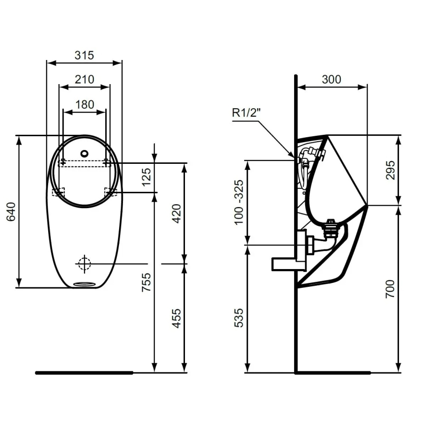Ideal Standard E253701 - Писоар I.LIFE, задно захранване, заден отвод, керамика/бял