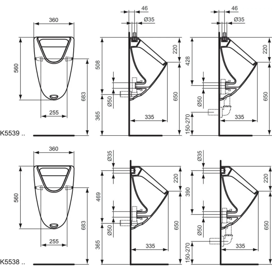 Ideal Standard K553901 - Писоар EUROVIT с горно захранване и заден отвод, керамика/бял