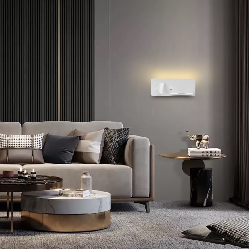 Immax 08285L - LED стенен прожектор с рафт, USB порт и безжично зареждане Be PREPARE LED/3W/230V + LED/3W бял