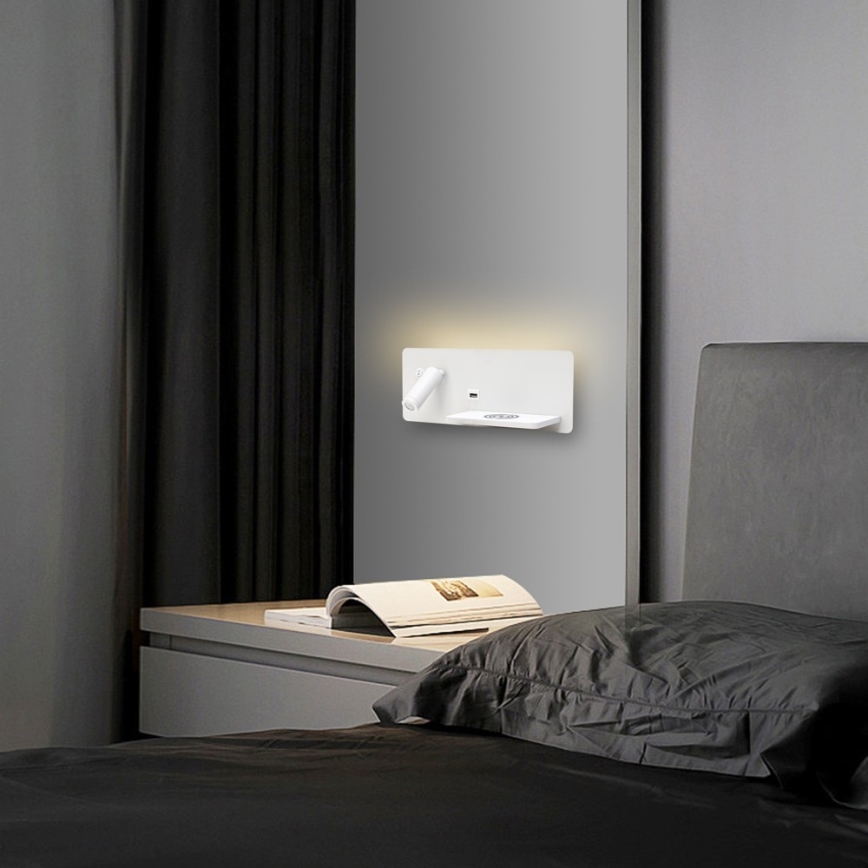 Immax 08285L - LED стенен прожектор с рафт, USB порт и безжично зареждане Be PREPARE LED/3W/230V + LED/3W бял