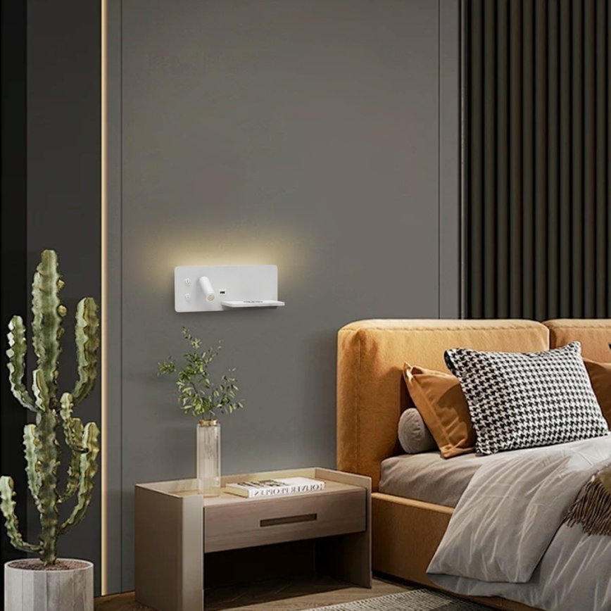 Immax 08285L - LED стенен прожектор с рафт, USB порт и безжично зареждане Be PREPARE LED/3W/230V + LED/3W бял