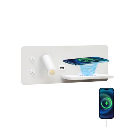 Immax 08285L - LED стенен прожектор с рафт, USB порт и безжично зареждане Be PREPARE LED/3W/230V + LED/3W бял