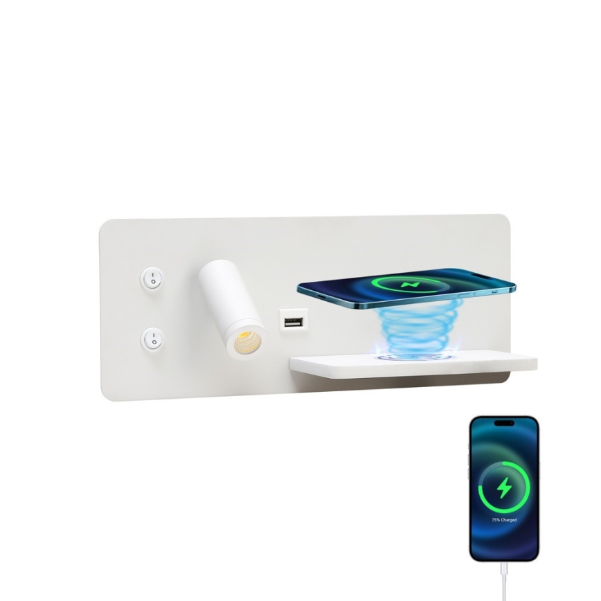 Immax 08285L - LED стенен прожектор с рафт, USB порт и безжично зареждане Be PREPARE LED/3W/230V + LED/3W бял