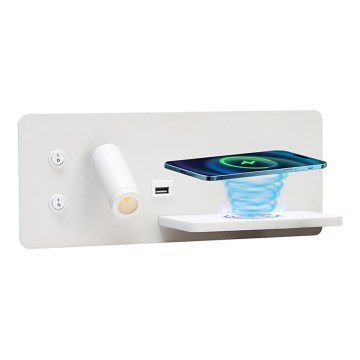 Immax 08285L - LED Стенен спот с рафт, USB порт и безжично зареждане Be PREPARE LED/3W/230V + LED/3W бял
