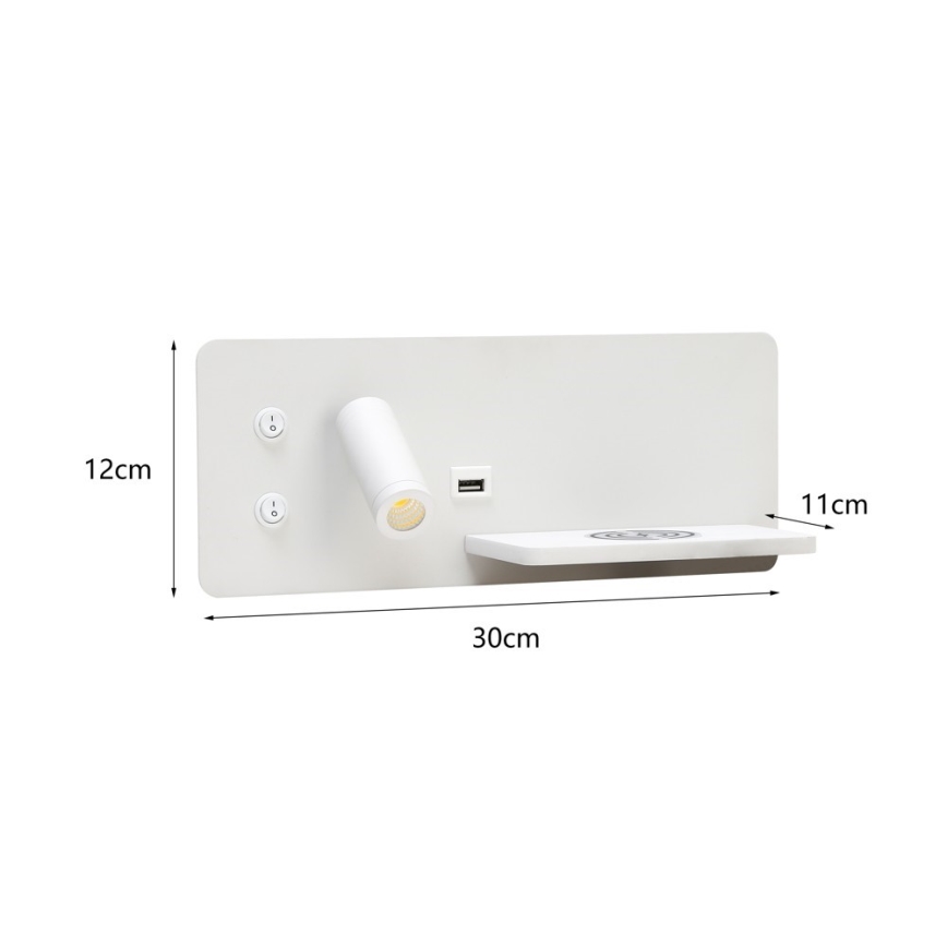 Immax 08285L - LED Стенен спот с рафт, USB порт и безжично зареждане Be PREPARE LED/3W/230V + LED/3W бял