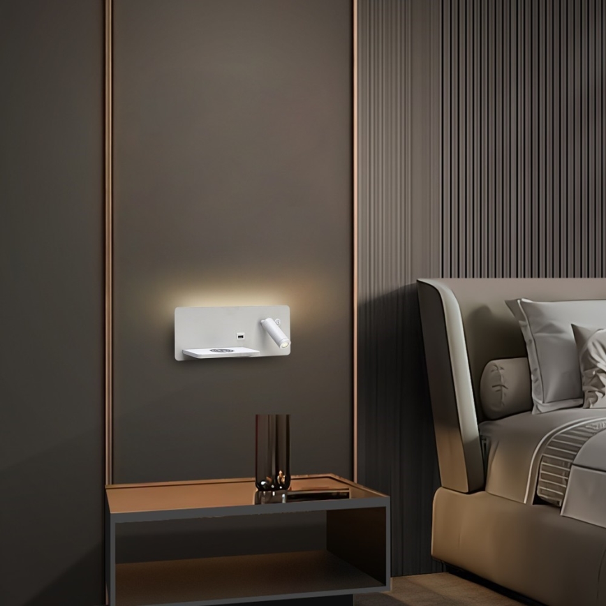 Immax 08286L - LED стенен прожектор с рафт, USB порт и безжично зареждане Be PREPARE LED/3W/230V + LED/3W бял