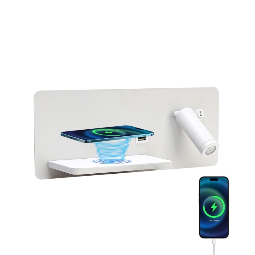 Immax 08286L - LED стенен прожектор с рафт, USB порт и безжично зареждане Be PREPARE LED/3W/230V + LED/3W бял