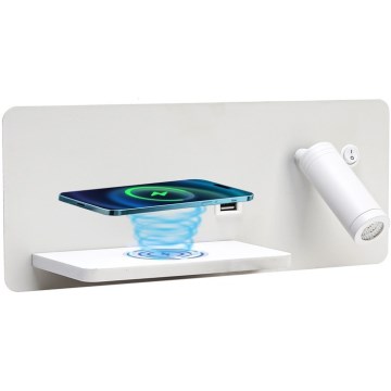 Immax 08286L - LED стенен прожектор с рафт, USB порт и безжично зареждане Be PREPARE LED/3W/230V + LED/3W бял