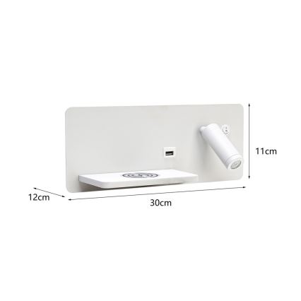 Immax 08286L - LED Стенен спот с рафт, USB порт и безжично зареждане Be PREPARE LED/3W/230V + LED/3W бял