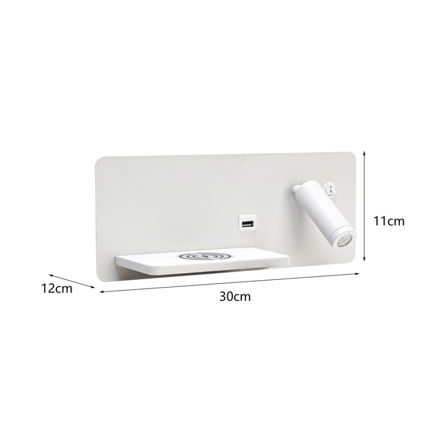 Immax 08286L - LED Стенен спот с рафт, USB порт и безжично зареждане Be PREPARE LED/3W/230V + LED/3W бял