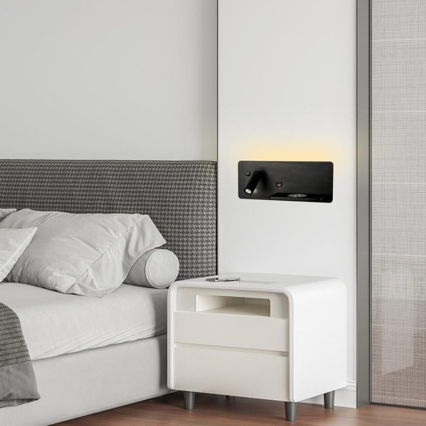 Immax 08287L - LED Стенен спот с рафт, USB порт и безжично зареждане Be PREPARE LED/3W/230V + LED/3W черен