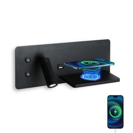 Immax 08287L - LED Стенен спот с рафт, USB порт и безжично зареждане Be PREPARE LED/3W/230V + LED/3W черен