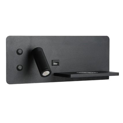 Immax 08287L - LED Стенен спот с рафт, USB порт и безжично зареждане Be PREPARE LED/3W/230V + LED/3W черен