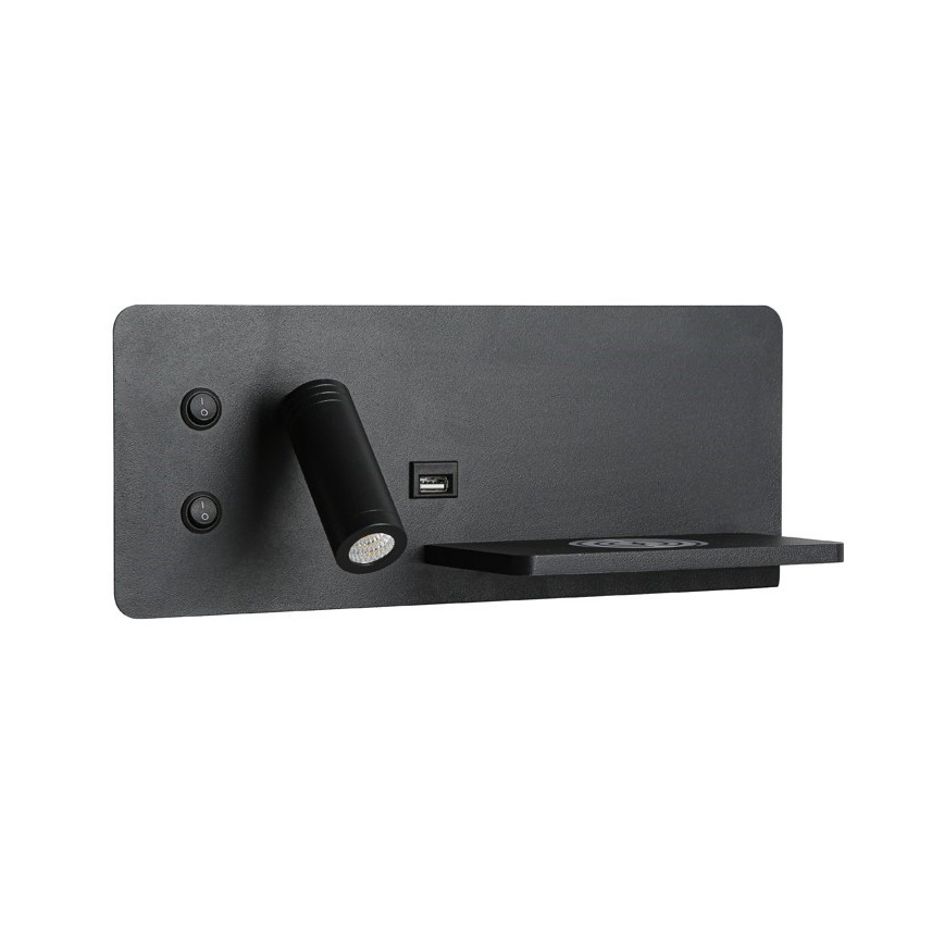 Immax 08287L - LED Стенен спот с рафт, USB порт и безжично зареждане Be PREPARE LED/3W/230V + LED/3W черен