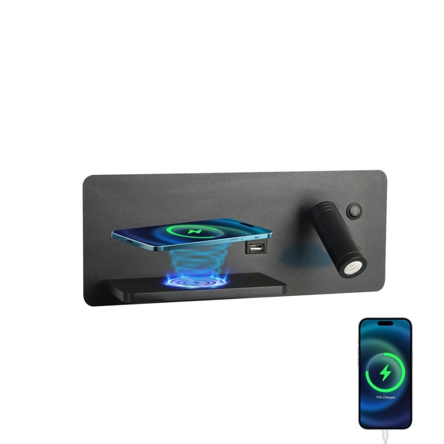 Immax 08288L - LED стенен прожектор с рафт, USB порт и безжично зареждане Be PREPARE LED/3W/230V + LED/3W черен