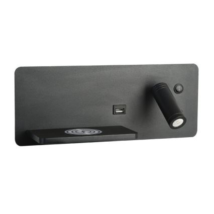 Immax 08288L - LED стенен прожектор с рафт, USB порт и безжично зареждане Be PREPARE LED/3W/230V + LED/3W черен