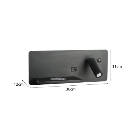 Immax 08288L - LED стенен прожектор с рафт, USB порт и безжично зареждане Be PREPARE LED/3W/230V + LED/3W черен