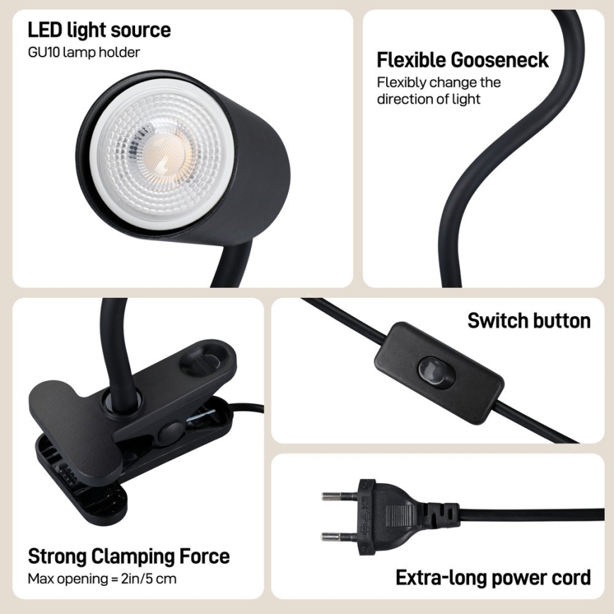 Гъвкава лампа с клипс PUNTO 1xGU10/9W/230V черна