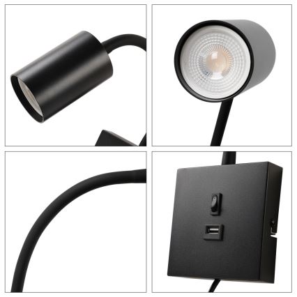Стенна лампа с USB PUNTO 1xGU10/9W/230V черна