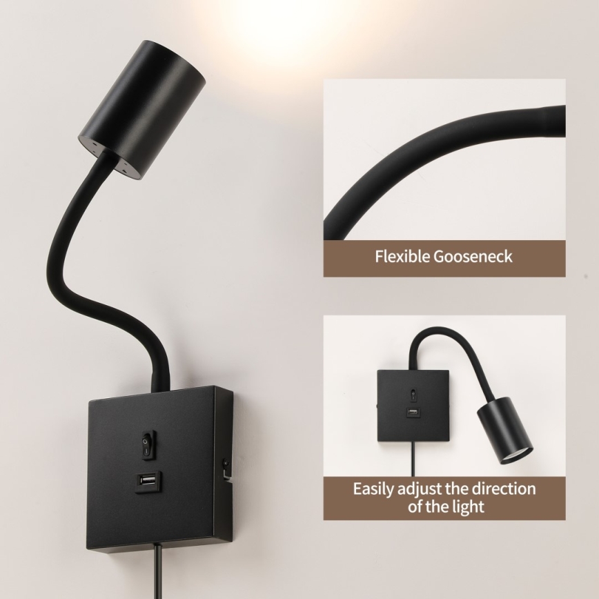Стенна лампа с USB PUNTO 1xGU10/9W/230V черна