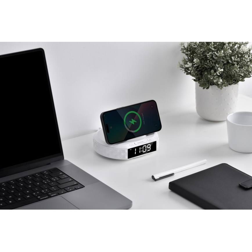 Будилник с LCD дисплей и безжично Qi зарядно 27W/9V 220 mAh бял