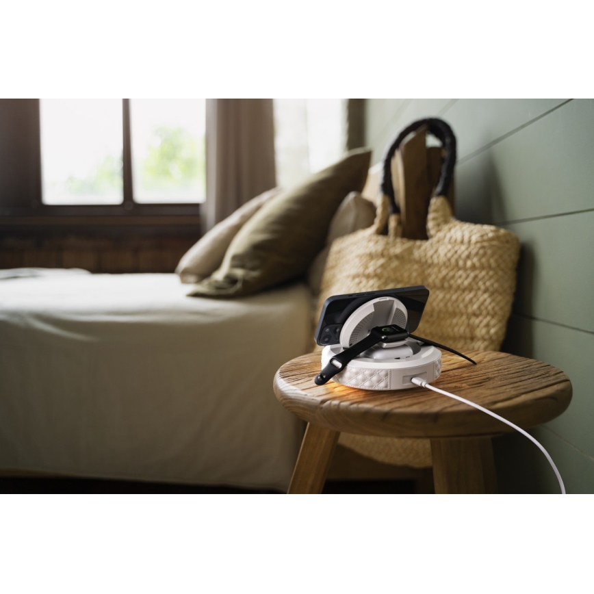 Будилник с LCD дисплей и безжично Qi зарядно 27W/9V 220 mAh бял