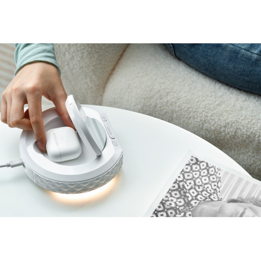 Будилник с LCD дисплей и безжично Qi зарядно 27W/9V 220 mAh бял