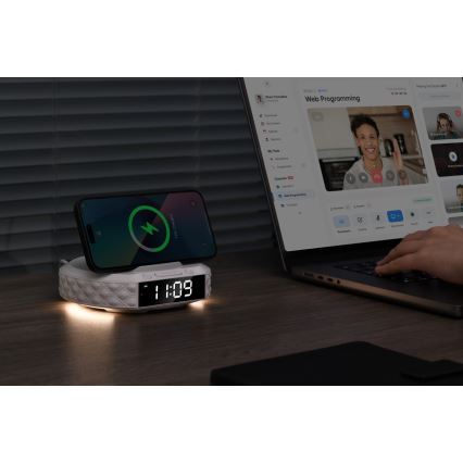Будилник с LCD дисплей и безжично Qi зарядно 27W/9V 220 mAh бял