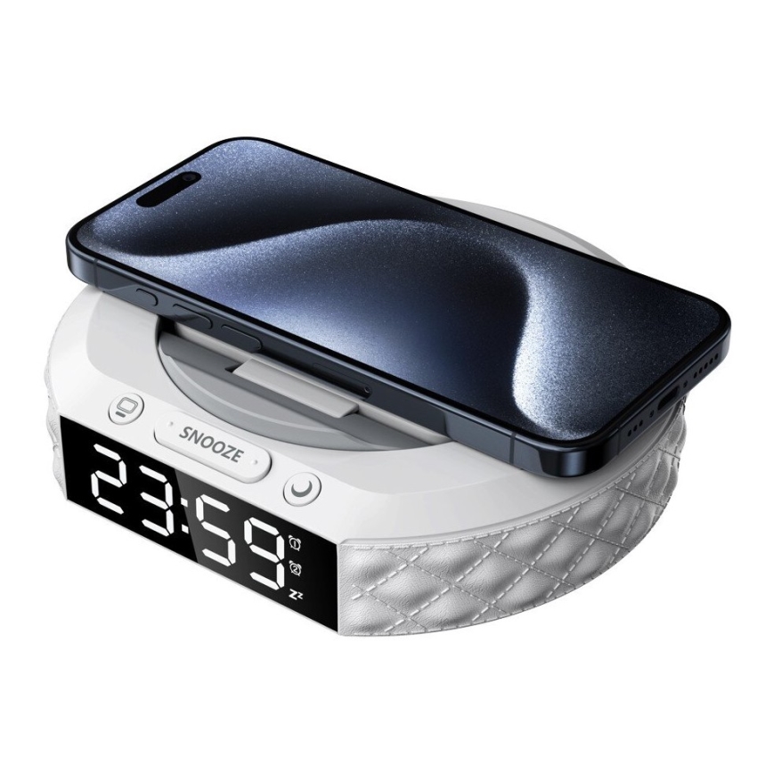 Будилник с LCD дисплей и безжично Qi зарядно 27W/9V 220 mAh бял