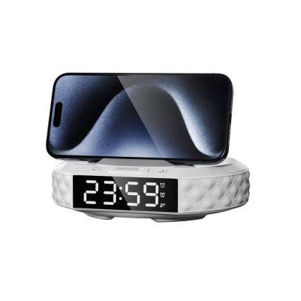 Будилник с LCD дисплей и безжично Qi зарядно 27W/9V 220 mAh бял