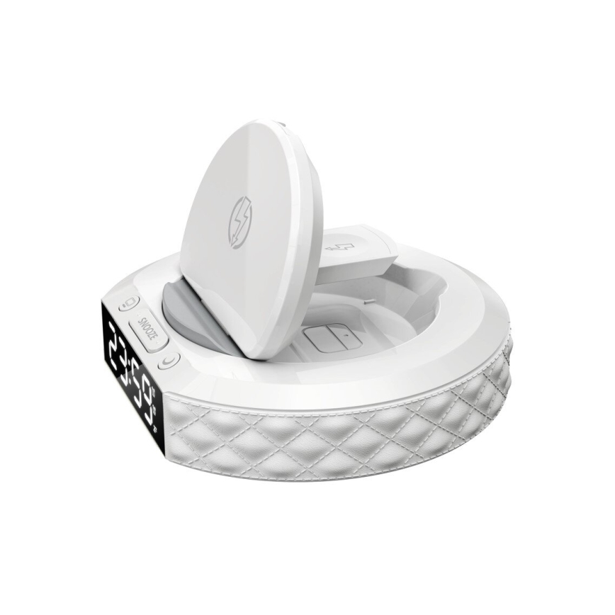 Будилник с LCD дисплей и безжично Qi зарядно 27W/9V 220 mAh бял