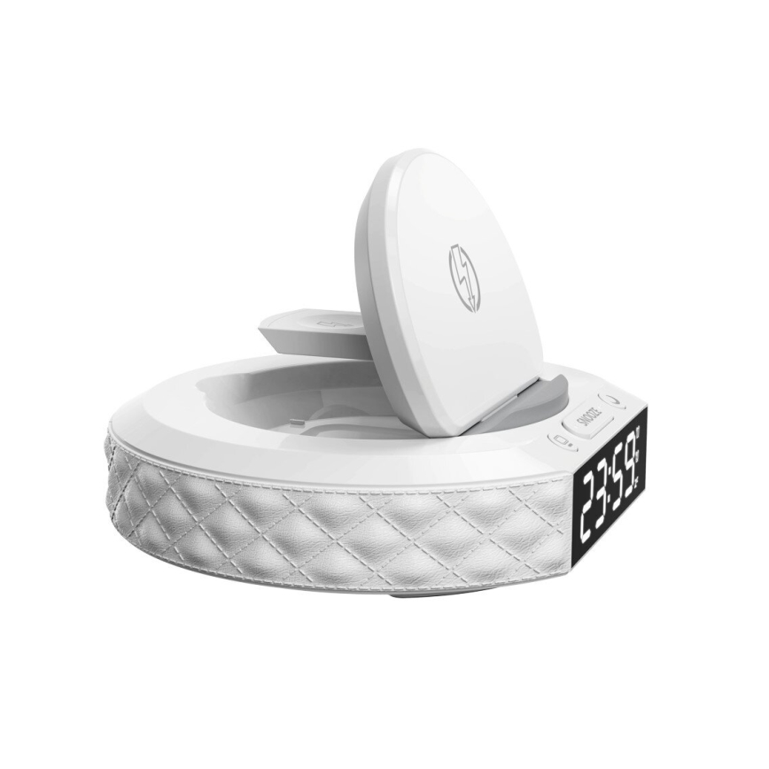 Будилник с LCD дисплей и безжично Qi зарядно 27W/9V 220 mAh бял