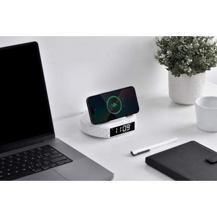 Будилник с LCD дисплей и безжично Qi зарядно 27W/9V 220 mAh бял