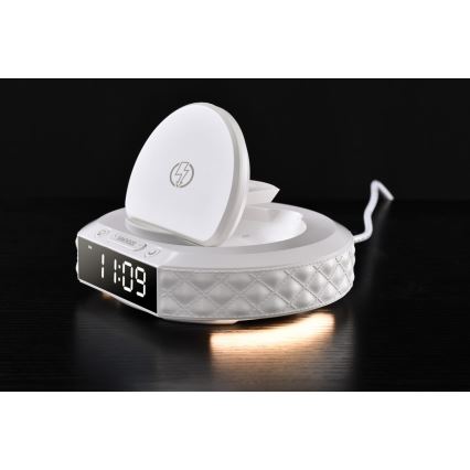 Будилник с LCD дисплей и безжично Qi зарядно 27W/9V 220 mAh бял
