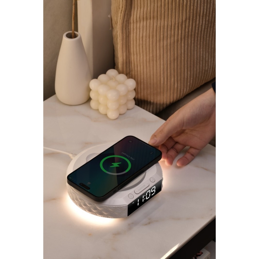 Будилник с LCD дисплей и безжично Qi зарядно 27W/9V 220 mAh бял