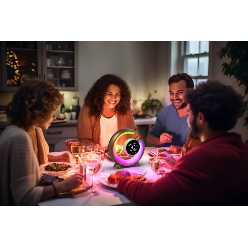 LED RGBW Димируема настолна лампа с будилник LED/20W/5V USB сребрист
