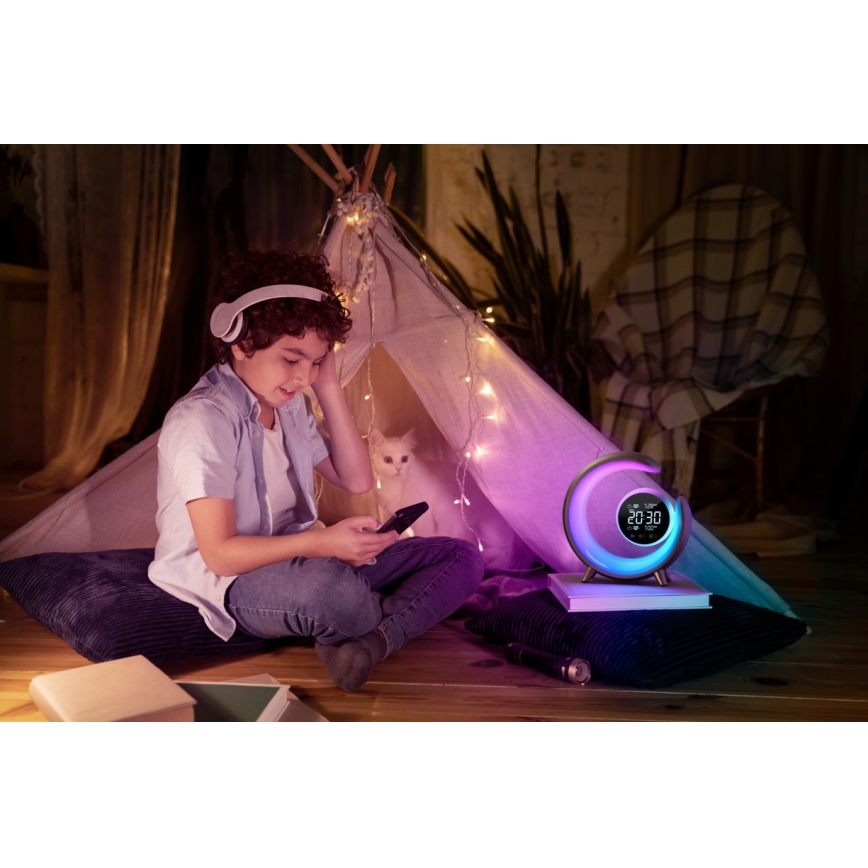 LED RGBW Димируема настолна лампа с будилник LED/20W/5V USB сребрист