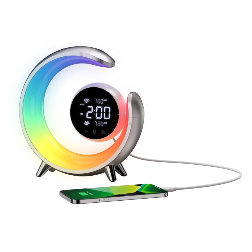LED RGBW Димируема настолна лампа с будилник LED/20W/5V USB сребрист
