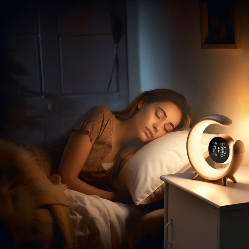 Настолна лампа LED RGBW с димер и будилник LED/20W/5V USB сребриста